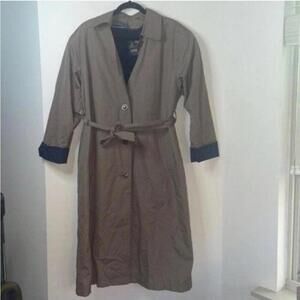 London Fog Brown Long Sleeve Long Line Trench Coat Blue Trim Removable lining